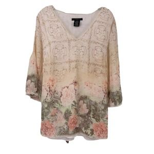 Hydrangea Blouse Womens Size 16 / 18 W 3/4 Sleeve Belted V Neck Cream Floral Top